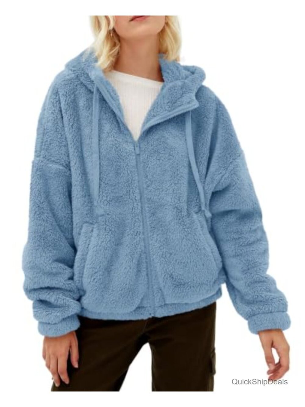Womens Fuzzy Sherpa Fleece Zip Up Hooded Jacket Warm Sweatshirt